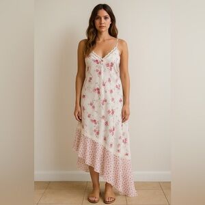 Vintage floral lace patchwork asymmetrical hem slip dress XL romantic